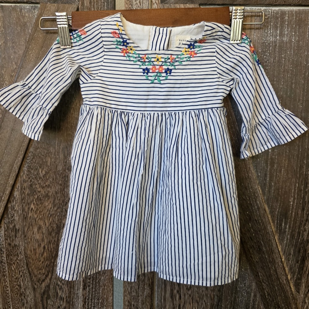 Baby Gap Dress Infant Girl's Size 6-12 Months‎ Stripes Embroidered Bell Sleeves